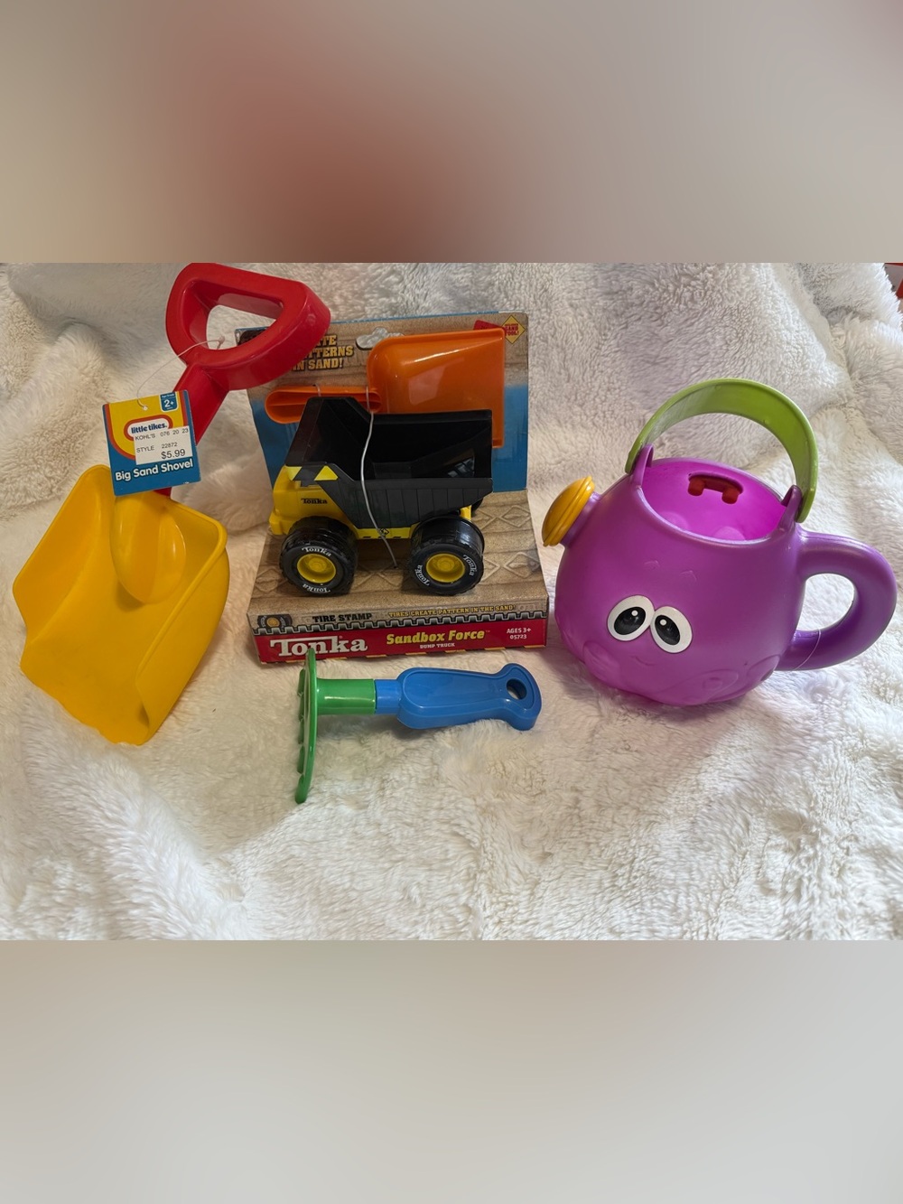 Kids Sand Toys- Tonka Dump Truck, Purple Watering Can, Rake, Yellow Sand Shovel
